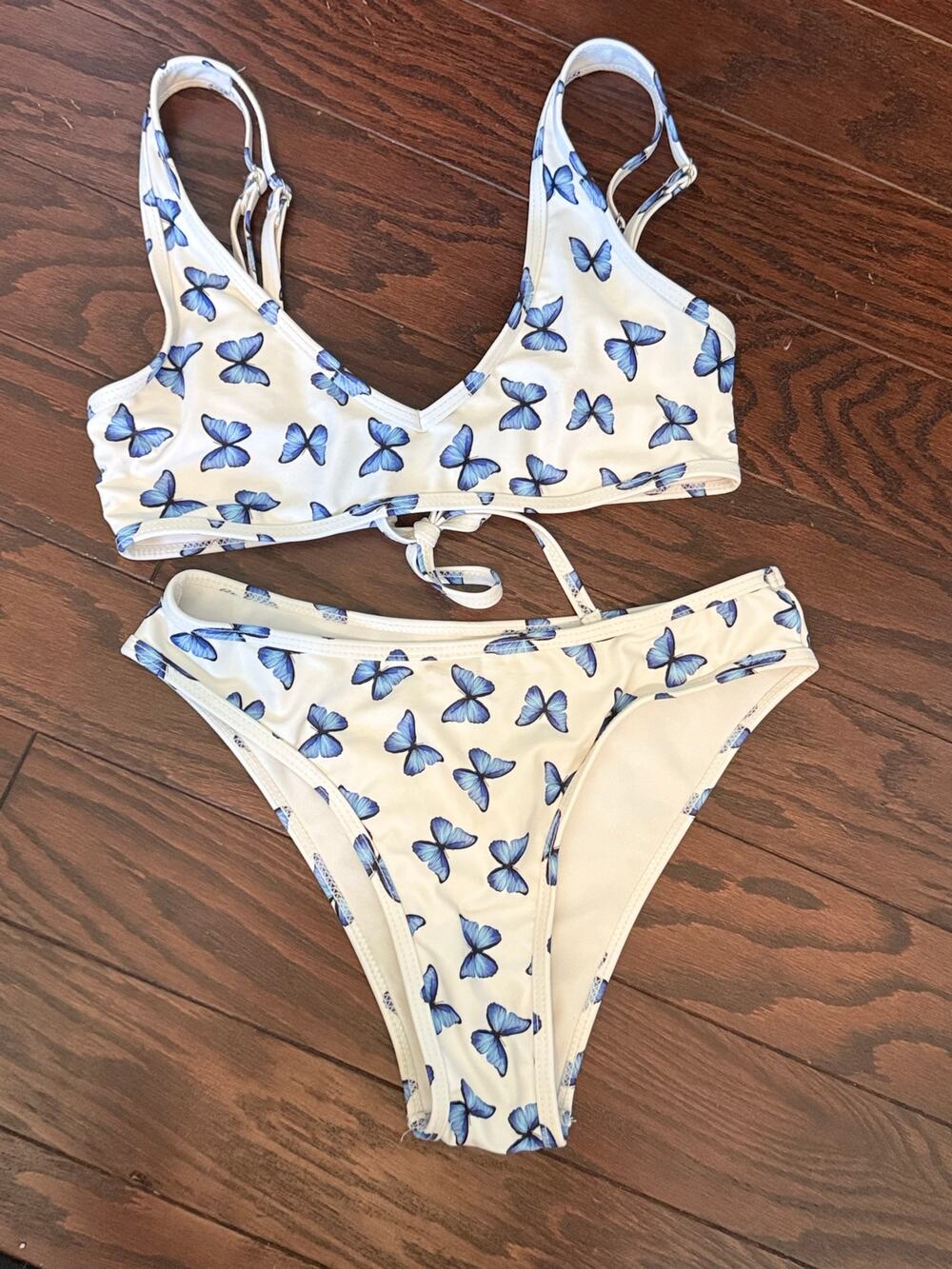 Butterfly Print white blue  Bikini Set Tie Back Adjustable Straps Size S